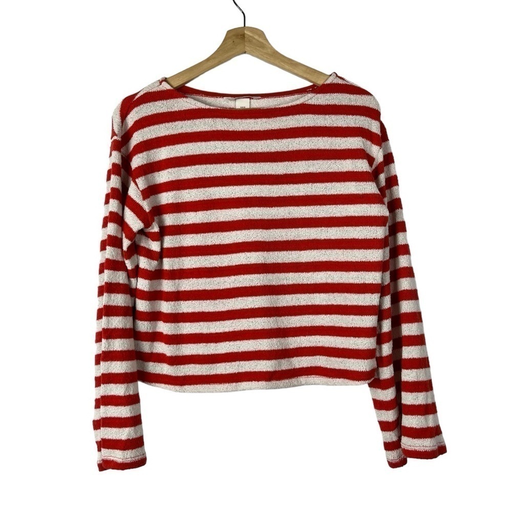 H&M Red & White Textured Knit‎ Striped Boxy Sweater XS